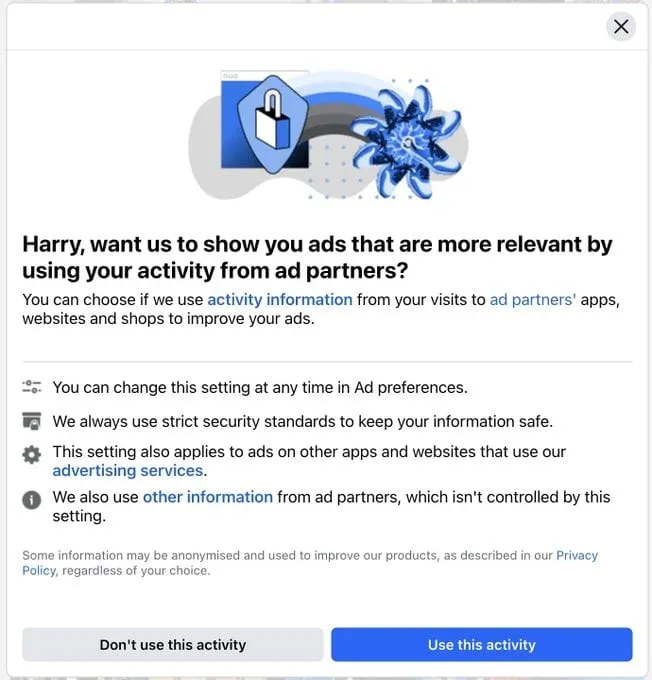 Facebook obscures the decision if the user wants to share data by offering the choice between "Don't use this activity" and "Use this activity"