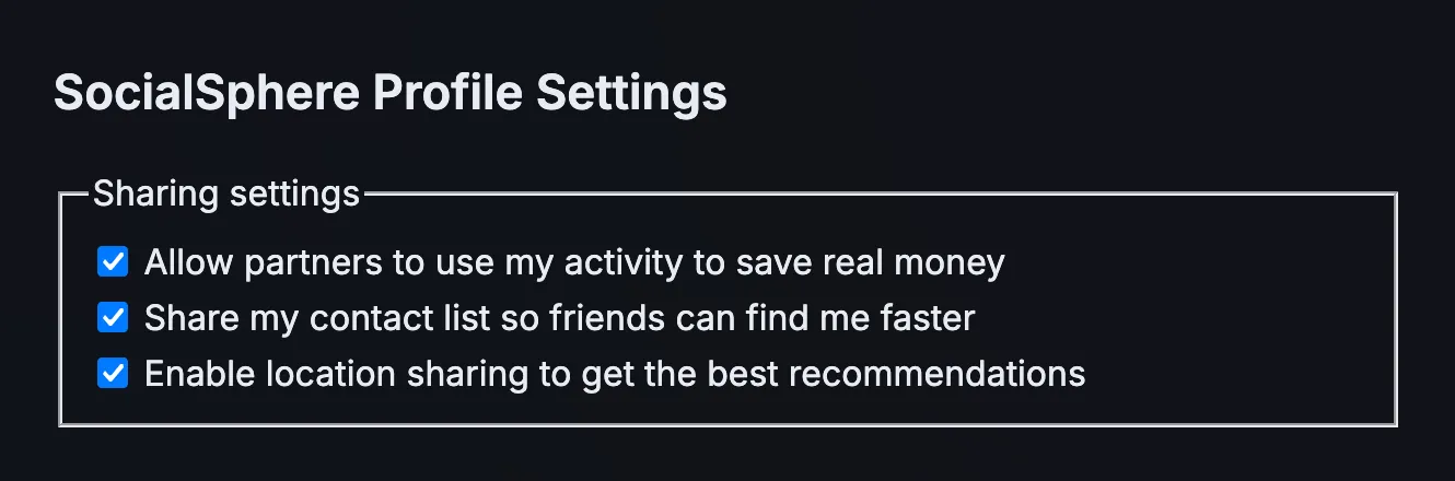 Multiple preselected datasharing options are adverticed with great benefits, that are likely false