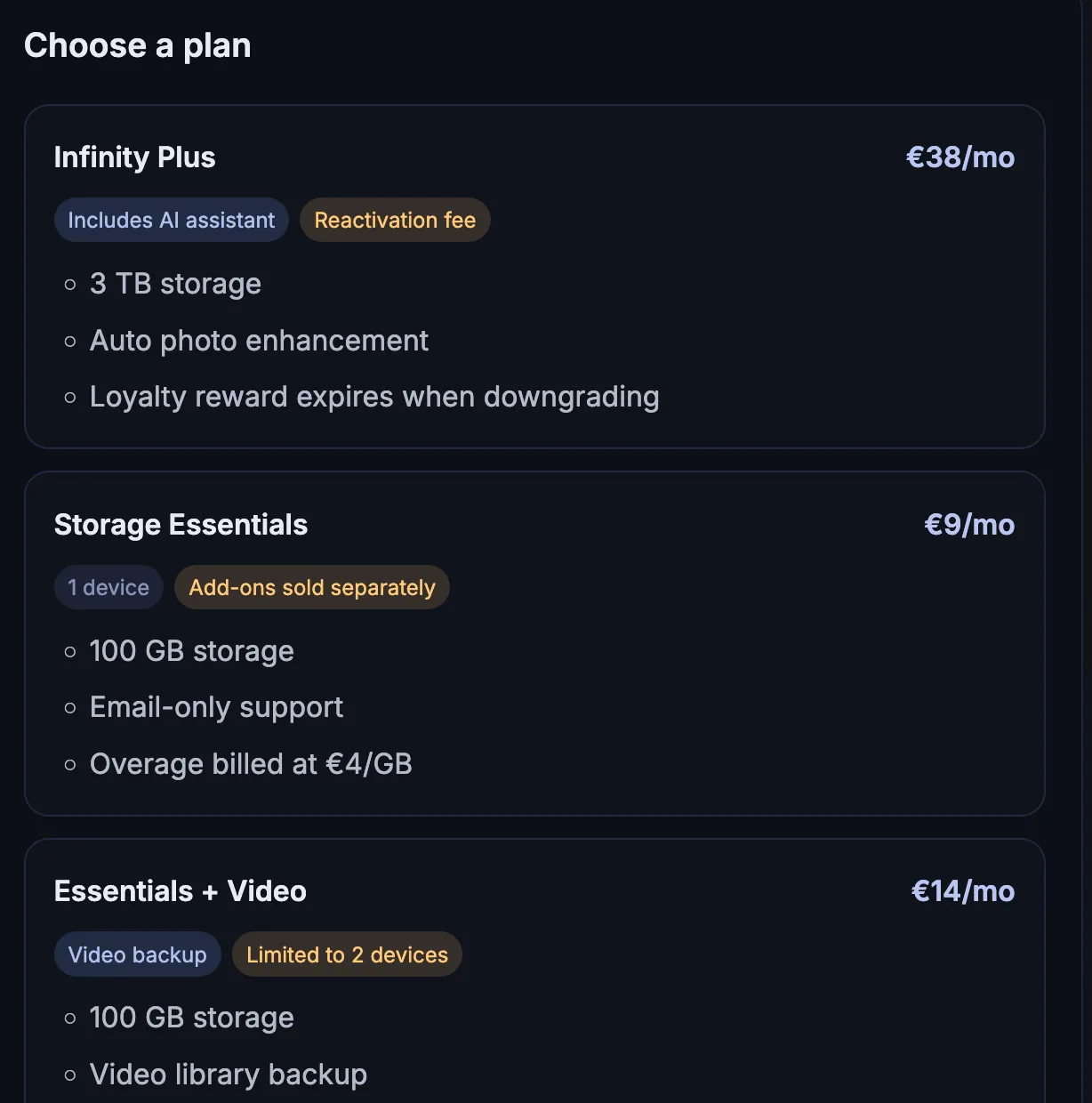 The user is presented many plans with varying cost and complex feature structure.